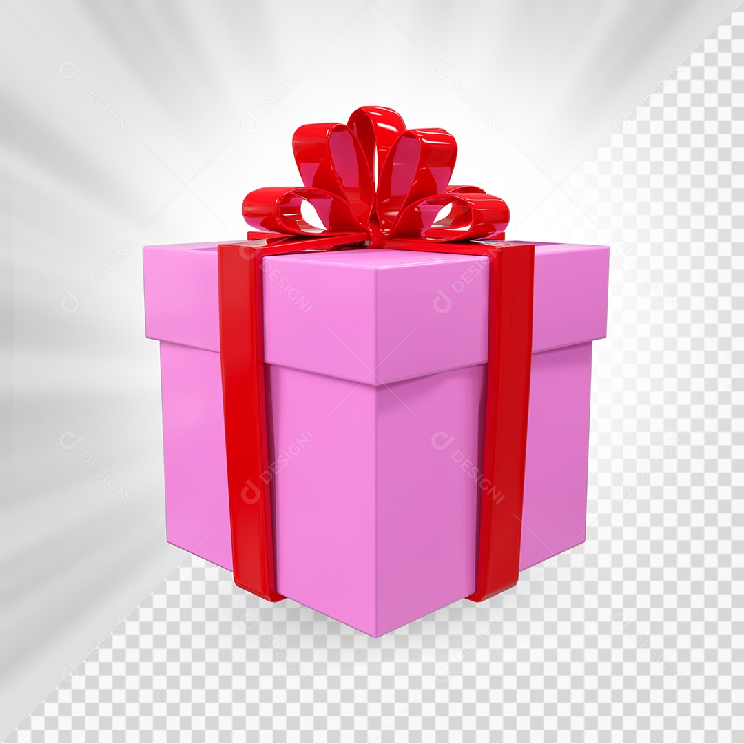 Caixa de Presente Rosa com Laço Vermelho Elemento 3D para Composição PSD