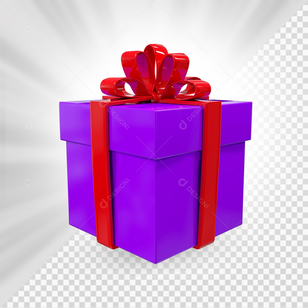 Caixa de Presente Roxo com Laço Vermelho Elemento 3D para Composição PSD
