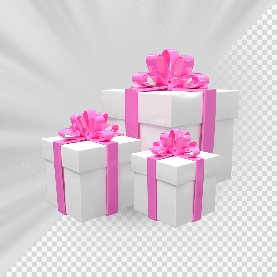 Caixas de Presente Branco com Laço Rosa Elemento 3D para Composição PSD