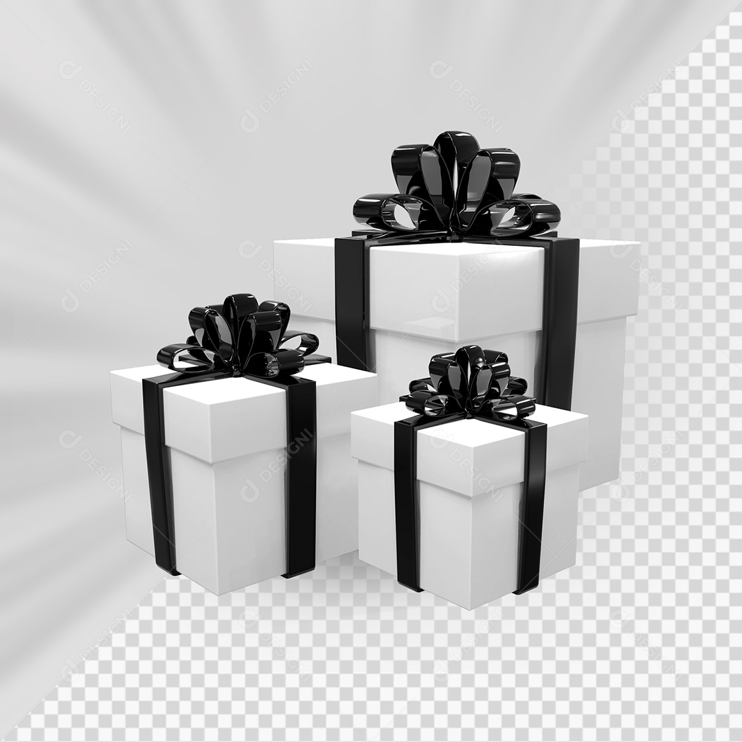 Caixas de Presente Branco com Laço Preto Elemento 3D para Composição PSD