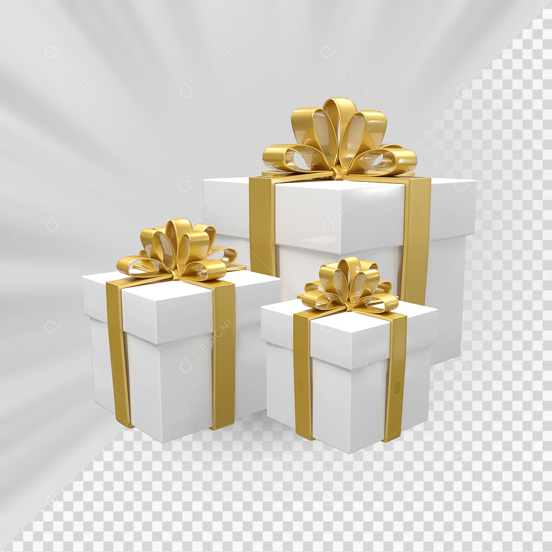 Caixas de Presente Branco com Laço Dourado Elemento 3D para Composição PSD