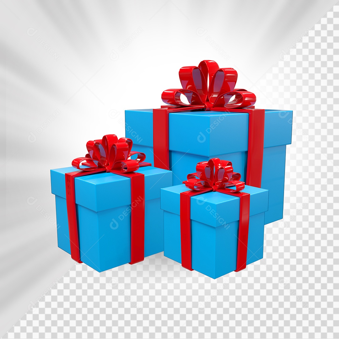 Caixas de Presente Azul com Laço Vermelho Elemento 3D para Composição PSD