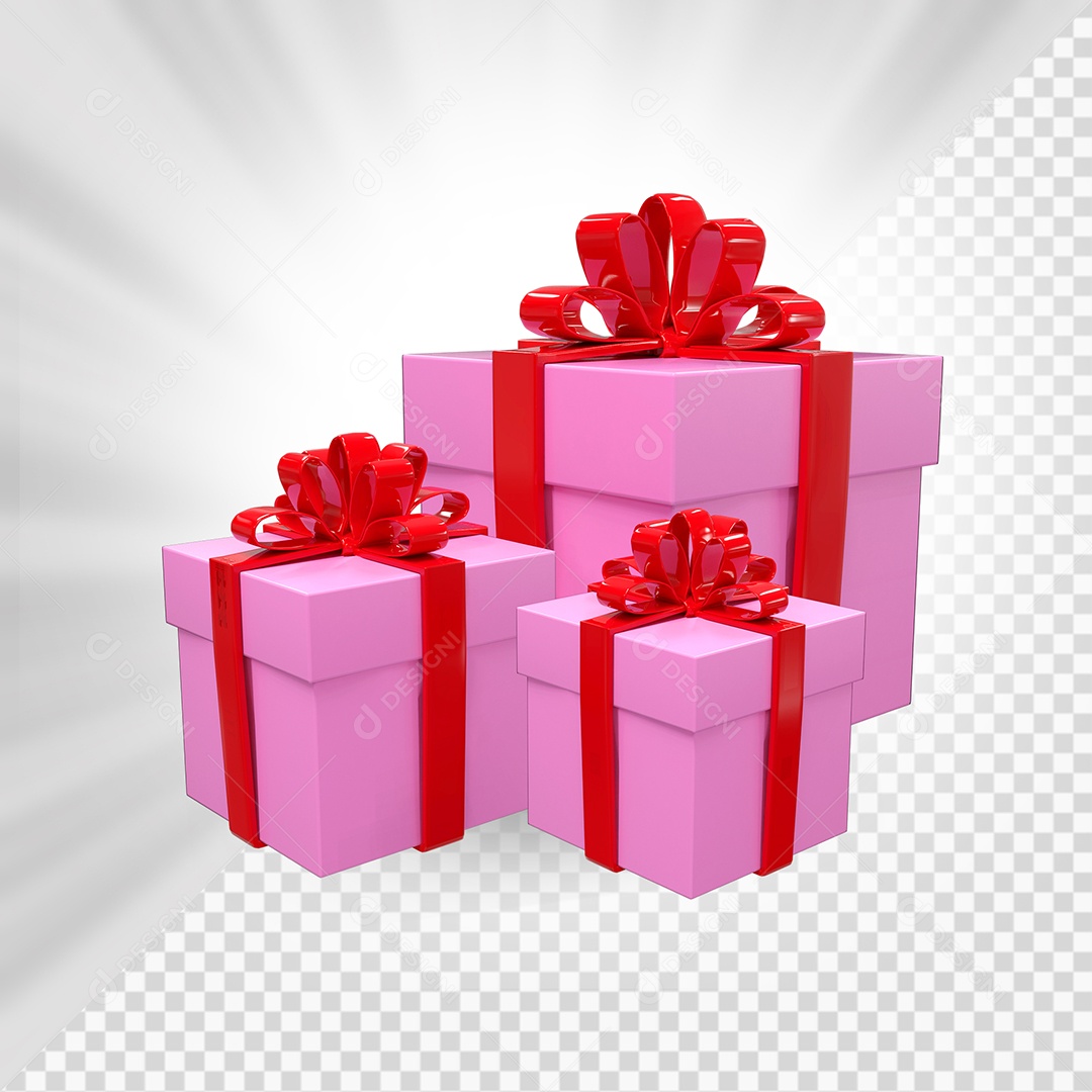 Caixas de Presente Rosa com Laço Vermelho Elemento 3D para Composição PSD