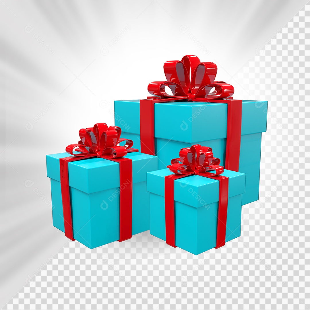 Caixas de Presente Azul Marinho com Laço Vermelho Elemento 3D para Composição PSD