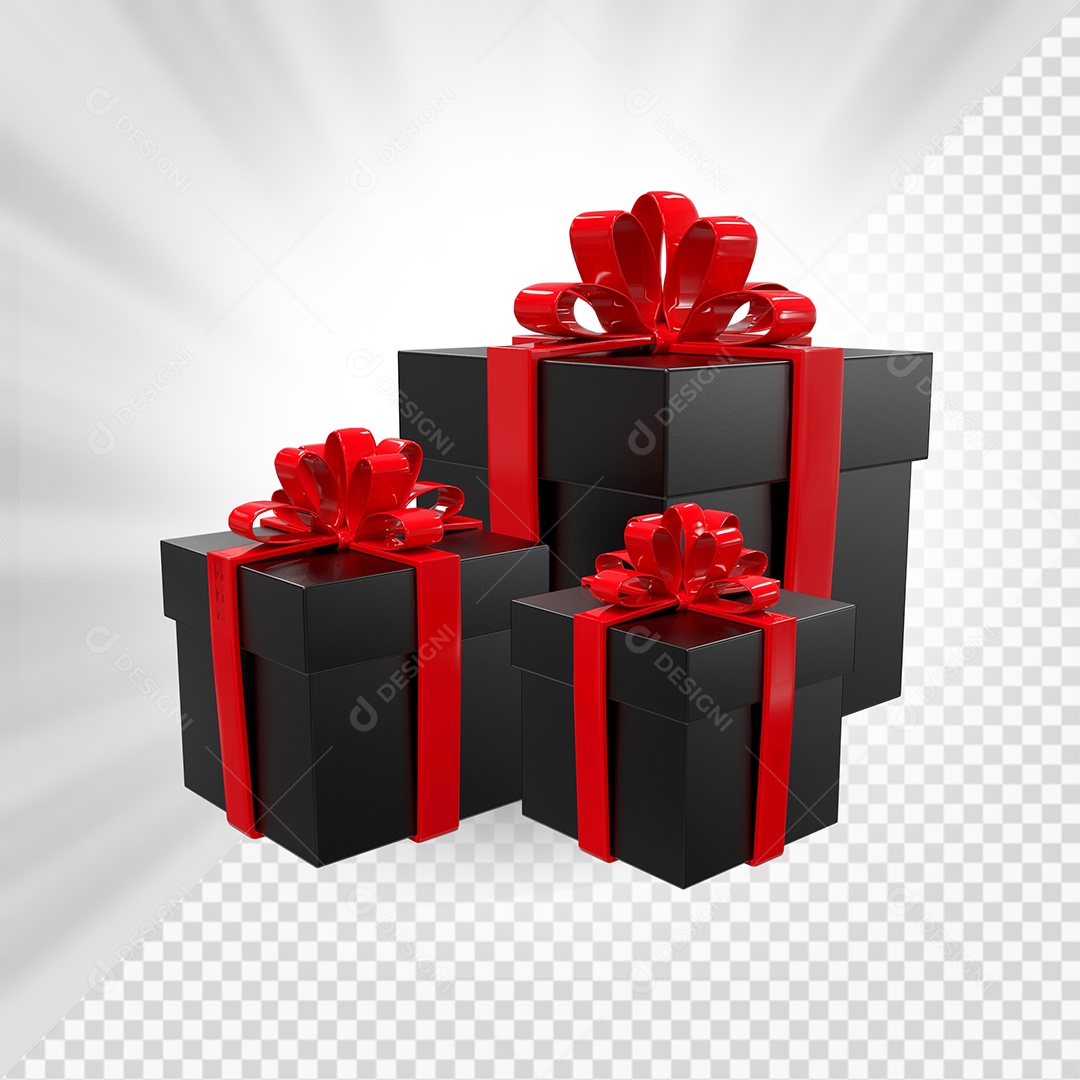 Caixas de Presente Preto com Laço Vermelho Elemento 3D para Composição PSD