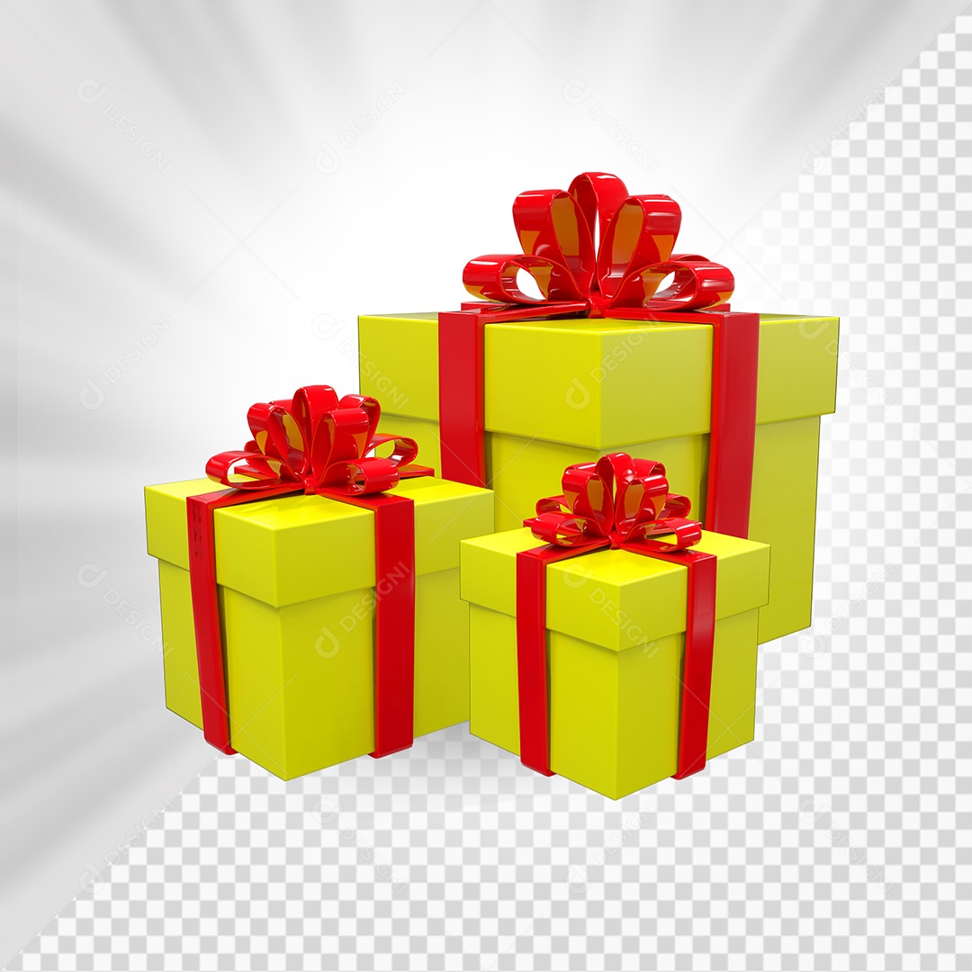 Caixas de Presente Amarelo com Laço Vermelho Elemento 3D para Composição PSD