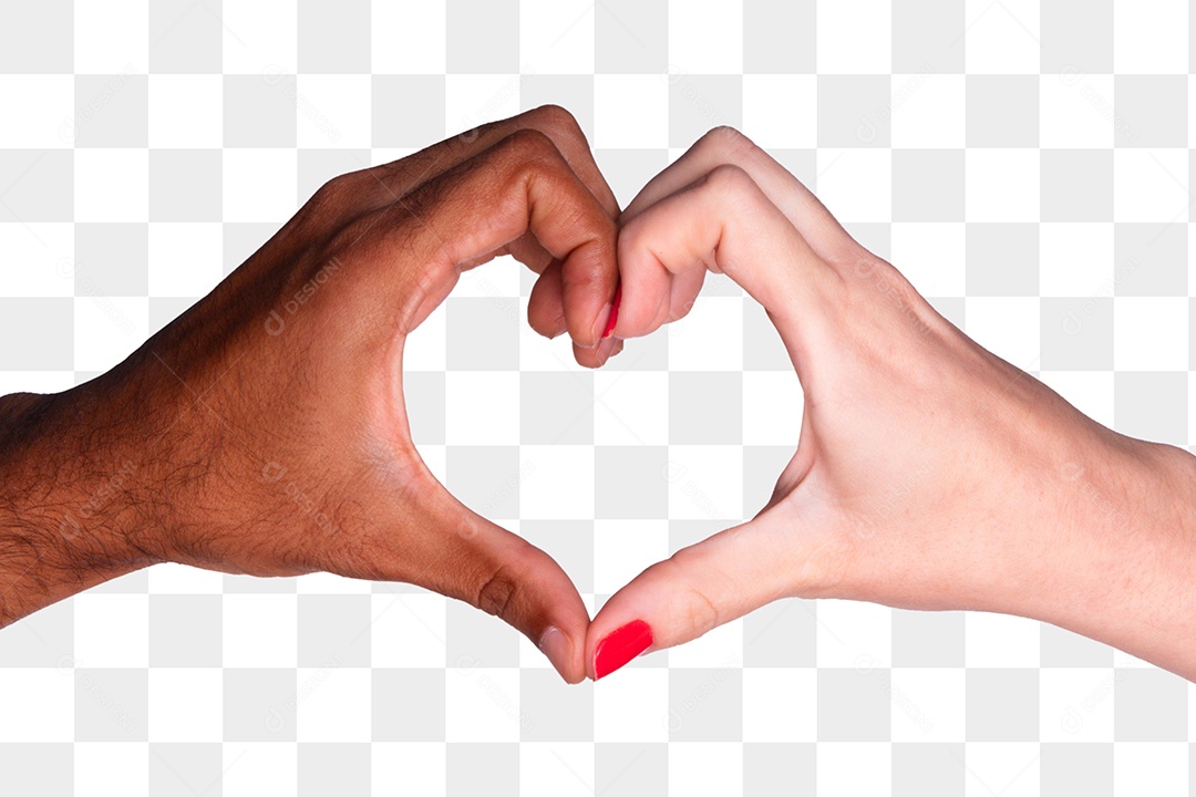 Mãos multiétnicas fazendo gestos de coração isolados no branco