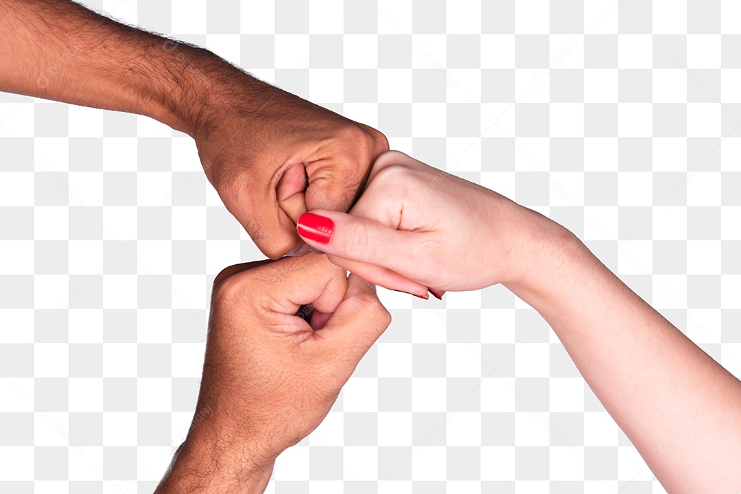 Mãos multiétnicas apertando e fazendo gestos isolados no branco