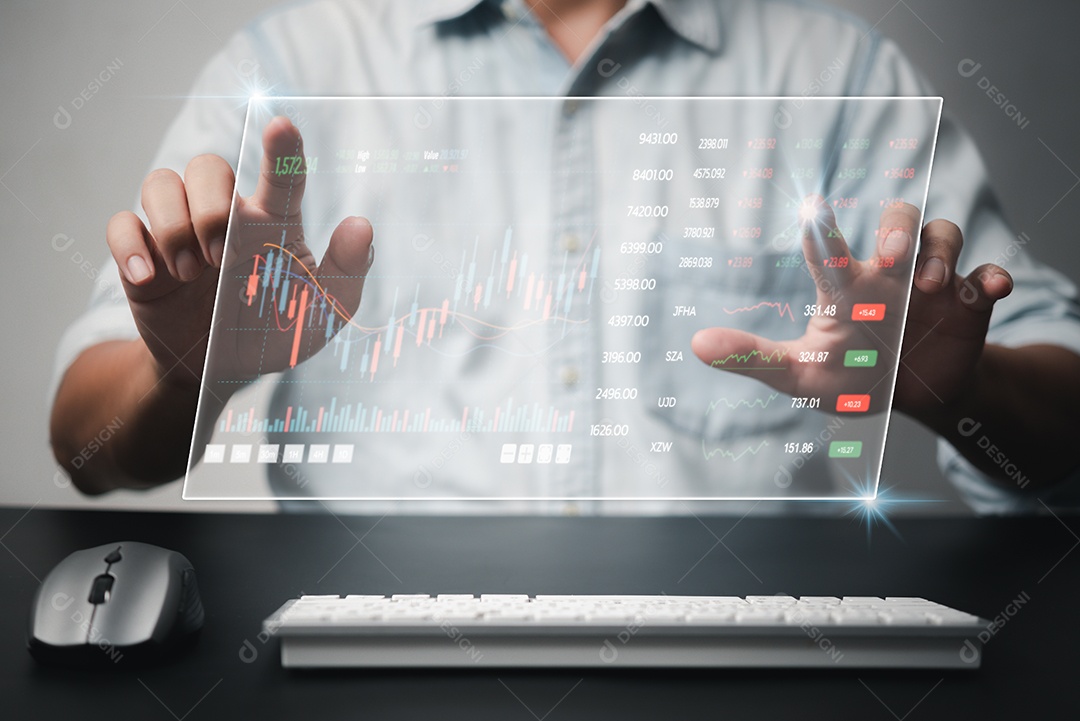 Businessman touching stock market indicator virtual screen chart