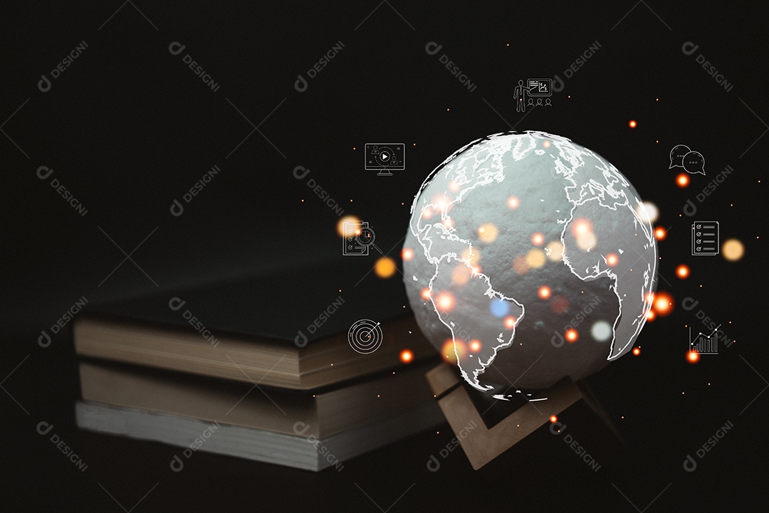 Tecnologia educacional e pilha de livros e aprendendo o conceito de ícone virtual.