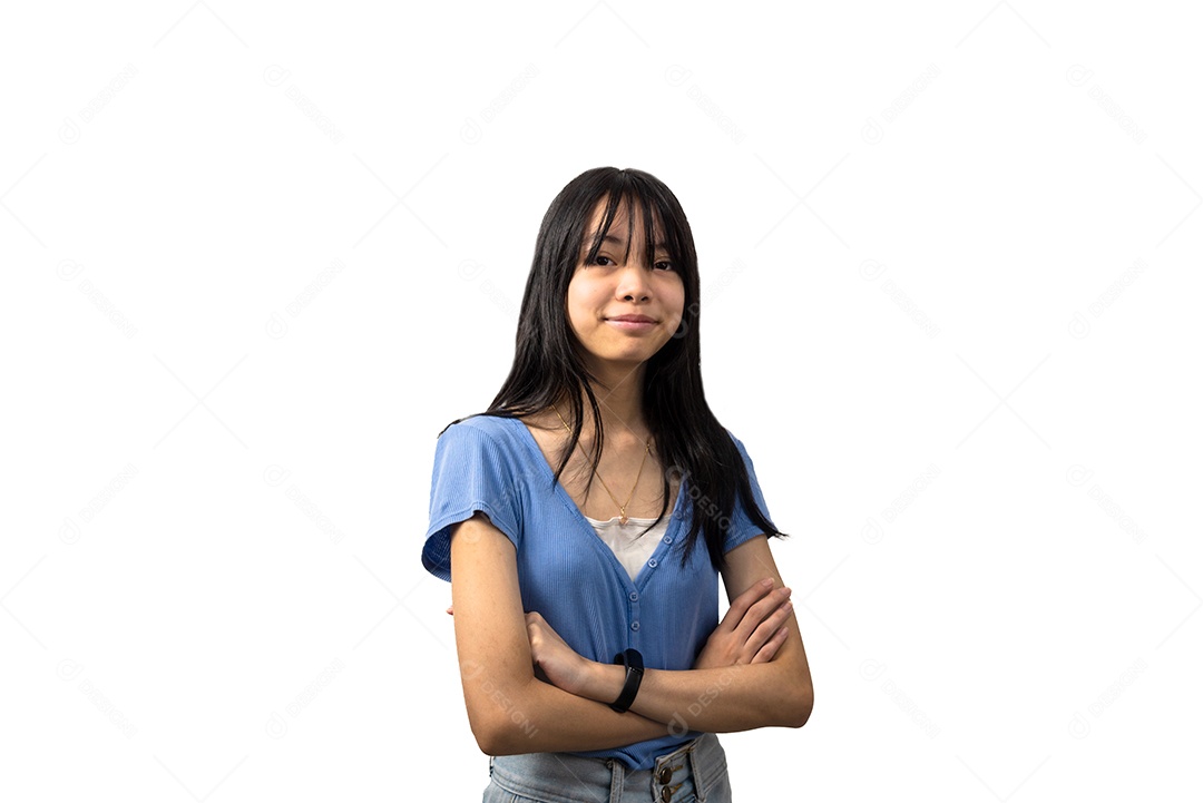 Menina asiática cruzar braços no peito sorrindo. estilo de vida beleza e moda