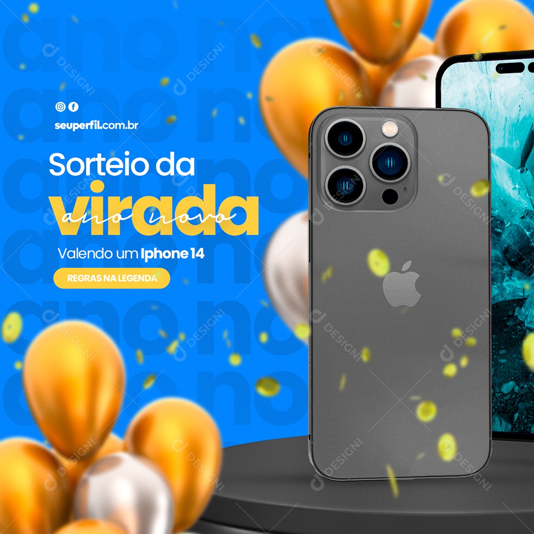 Sorteio da Virada do Ano Valendo um Iphone 14 Lojas Ano Novo Social Media PSD Editável