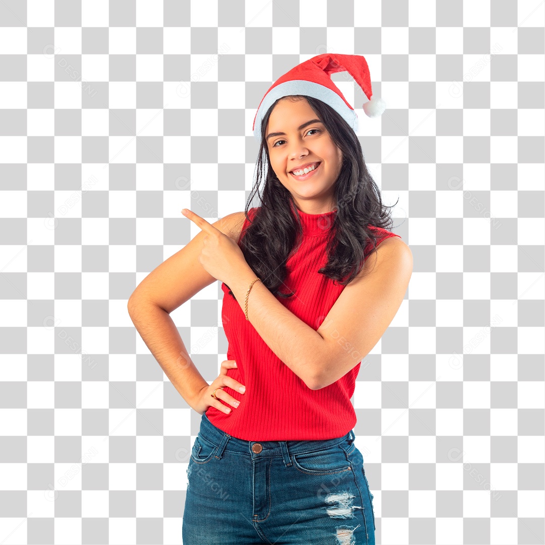 Mulher em Clima Natalino Apontando Dedo pra Cima PNG Transparente