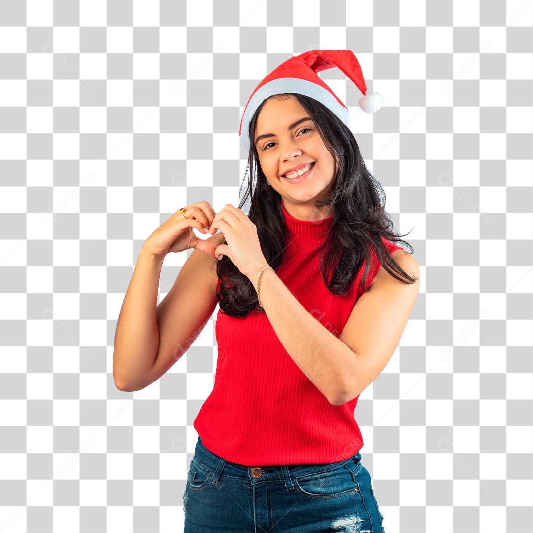 Mulher em Clima Natalino Fazendo Sinal de Coração com a Mão PNG Transparente