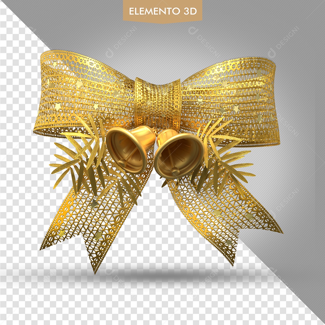 Laço Dourado de Natal com Sinos Elemento 3D para Composição PSD