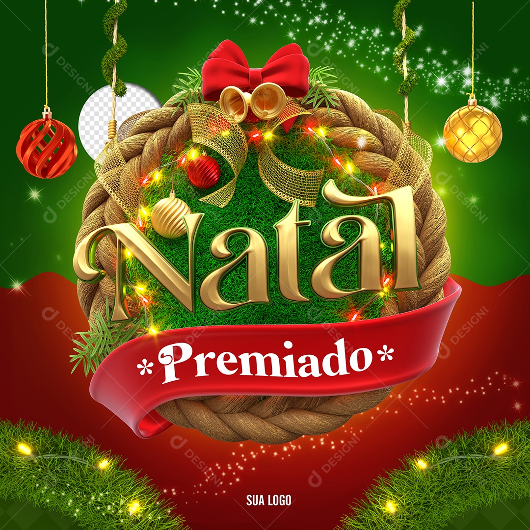 Natal Premiado Selo 3D Dourado e Verde para Composição PSD