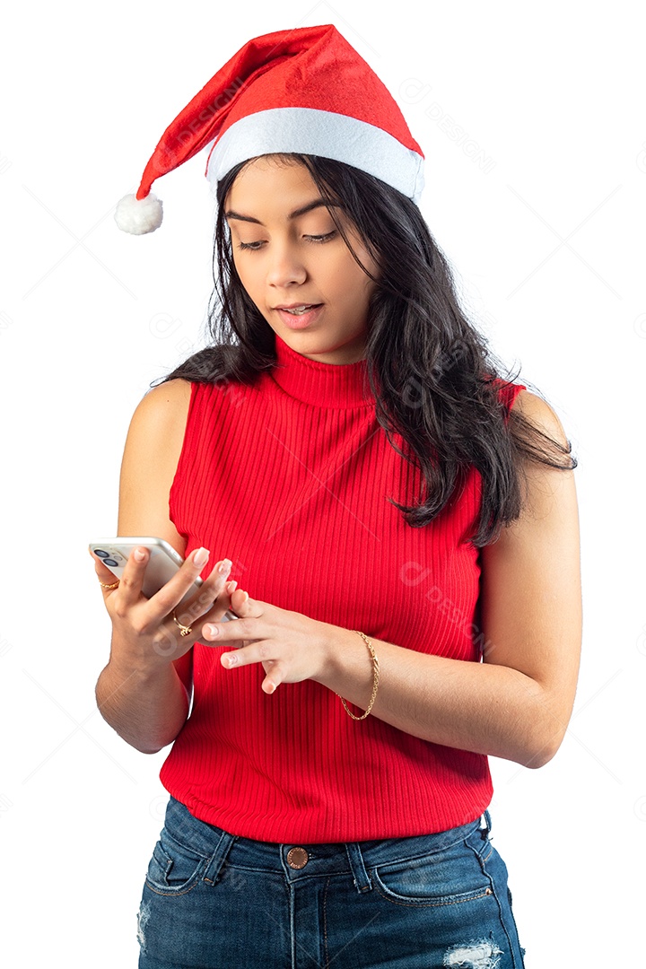 Mulher jovem linda usando touca Papai Noel vermelha Feliz Natal