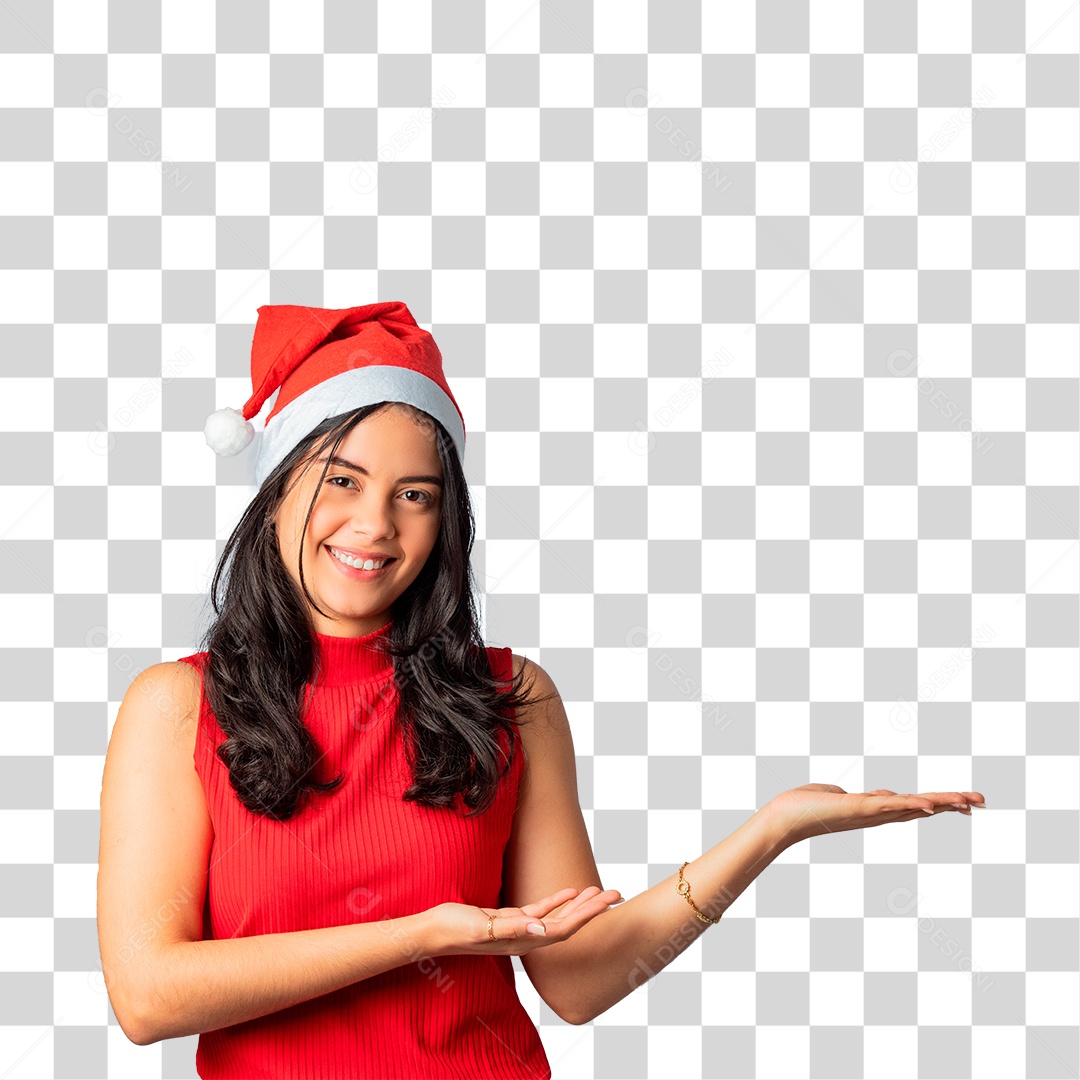 Mulher em Clima Natalino com Mãos para o Lado PNG Transparente