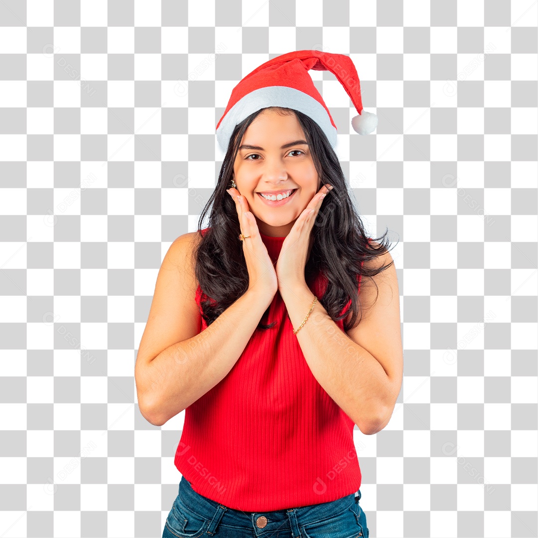 Mulher em Clima Natalino com Mãos no Queixo PNG Transparente