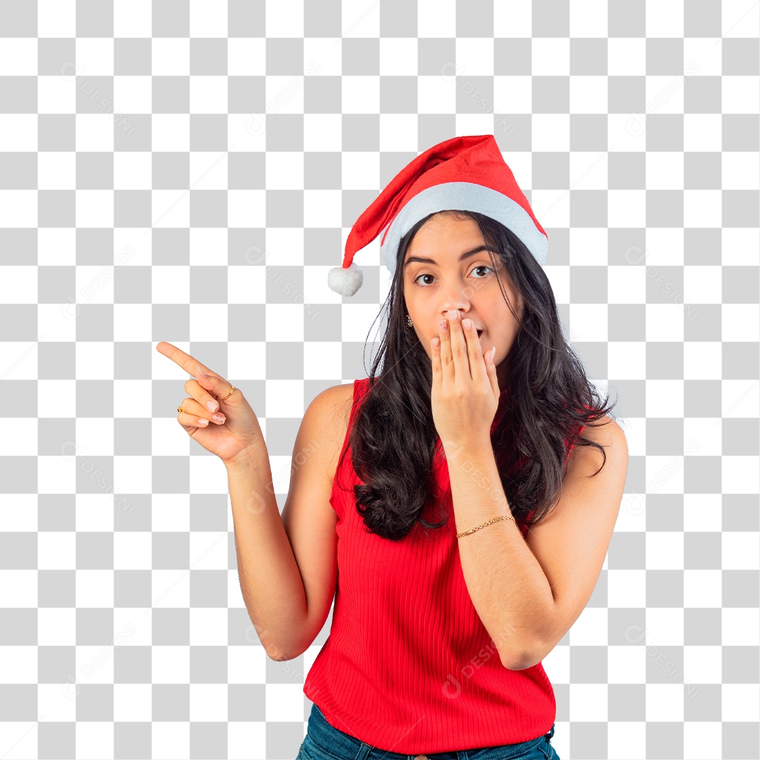 Mulher em Clima Natalino Apontando Dedo pra Cima PNG Transparente