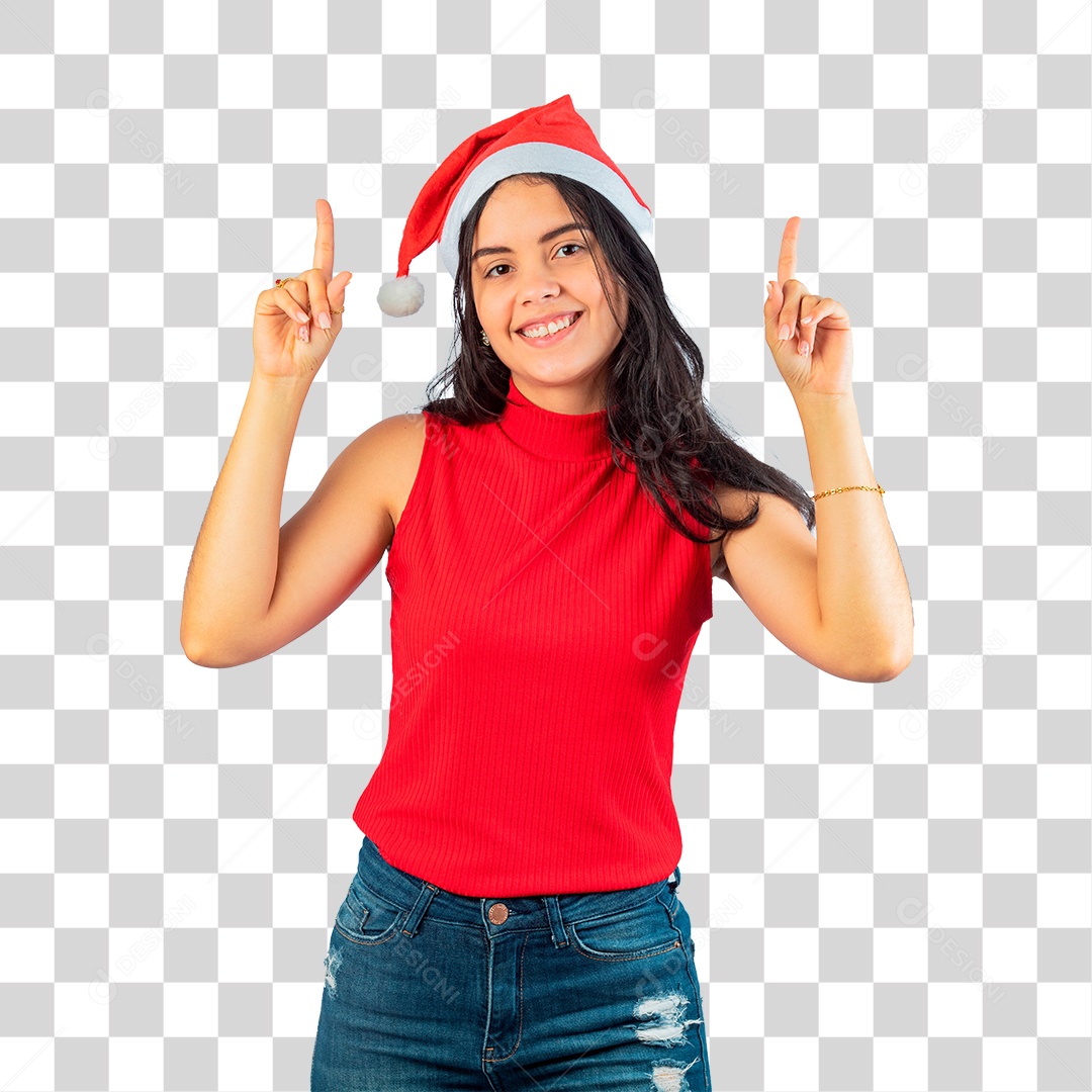 Mulher em Clima Natalino Apontando Dedo pra Cima PNG Transparente