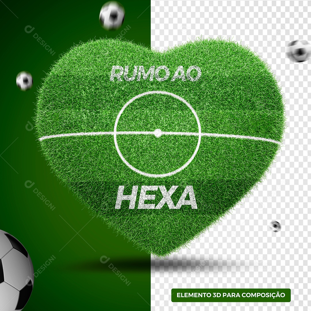 Rumo ao Hexa Elemento 3D Gramado de Coração para Composição PSD