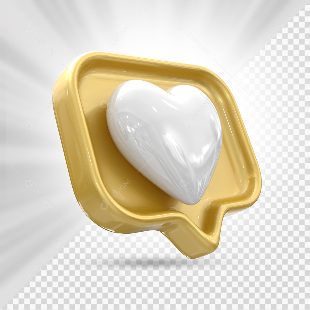 Emoji de Coração Branco e Dourado Elemento 3D para Composição PSD