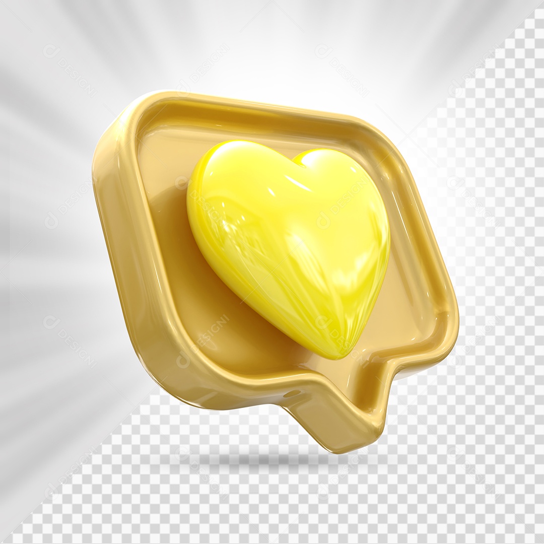 Emoji de Coração Amarelo e Dourado Elemento 3D para Composição PSD