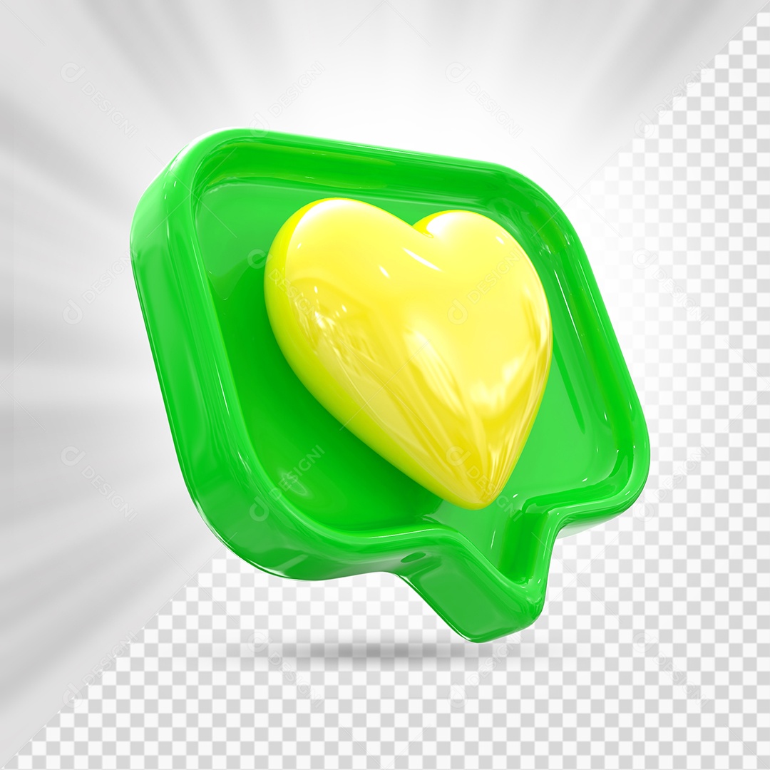 Emoji de Coração Amarelo e Verde Elemento 3D para Composição PSD