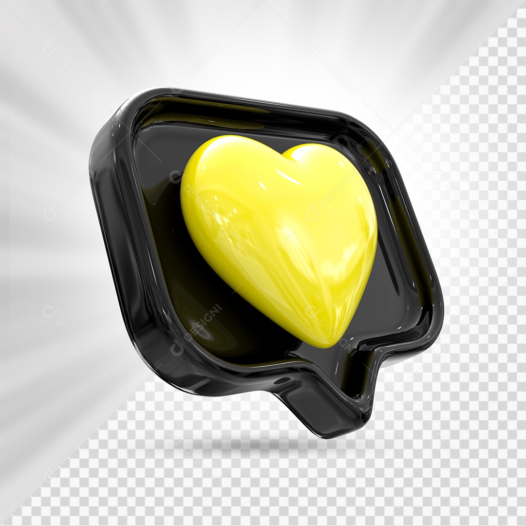 Emoji de Coração Amarelo e Preto Elemento 3D para Composição PSD