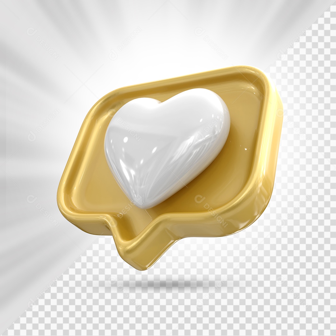 Emoji de Coração Branco e Dourado Elemento 3D para Composição PSD