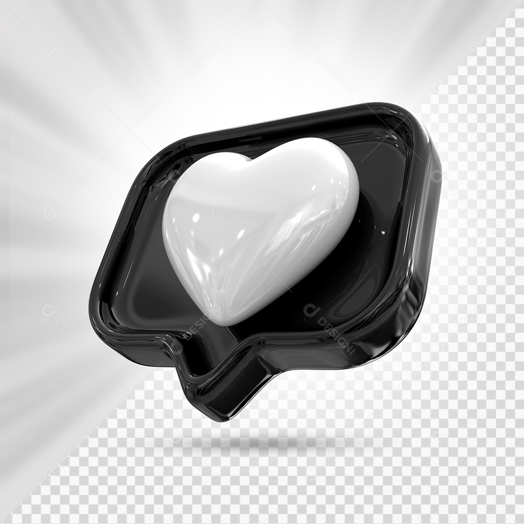 Emoji de Coração Branco e Preto Elemento 3D para Composição PSD