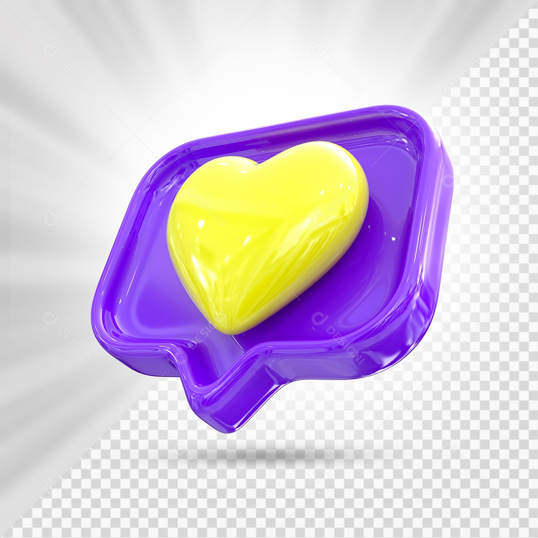 Emoji de Coração Amarelo e Roxo Elemento 3D para Composição PSD