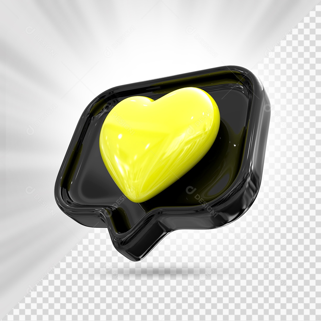 Emoji de Coração Amarelo e Preto Elemento 3D para Composição PSD