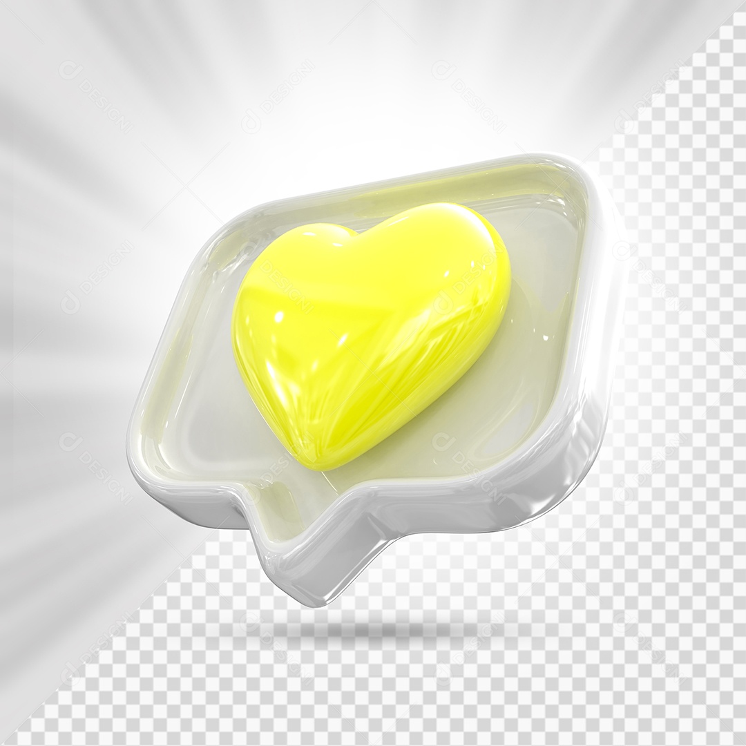 Emoji de Coração Amarelo e Branco Elemento 3D para Composição PSD