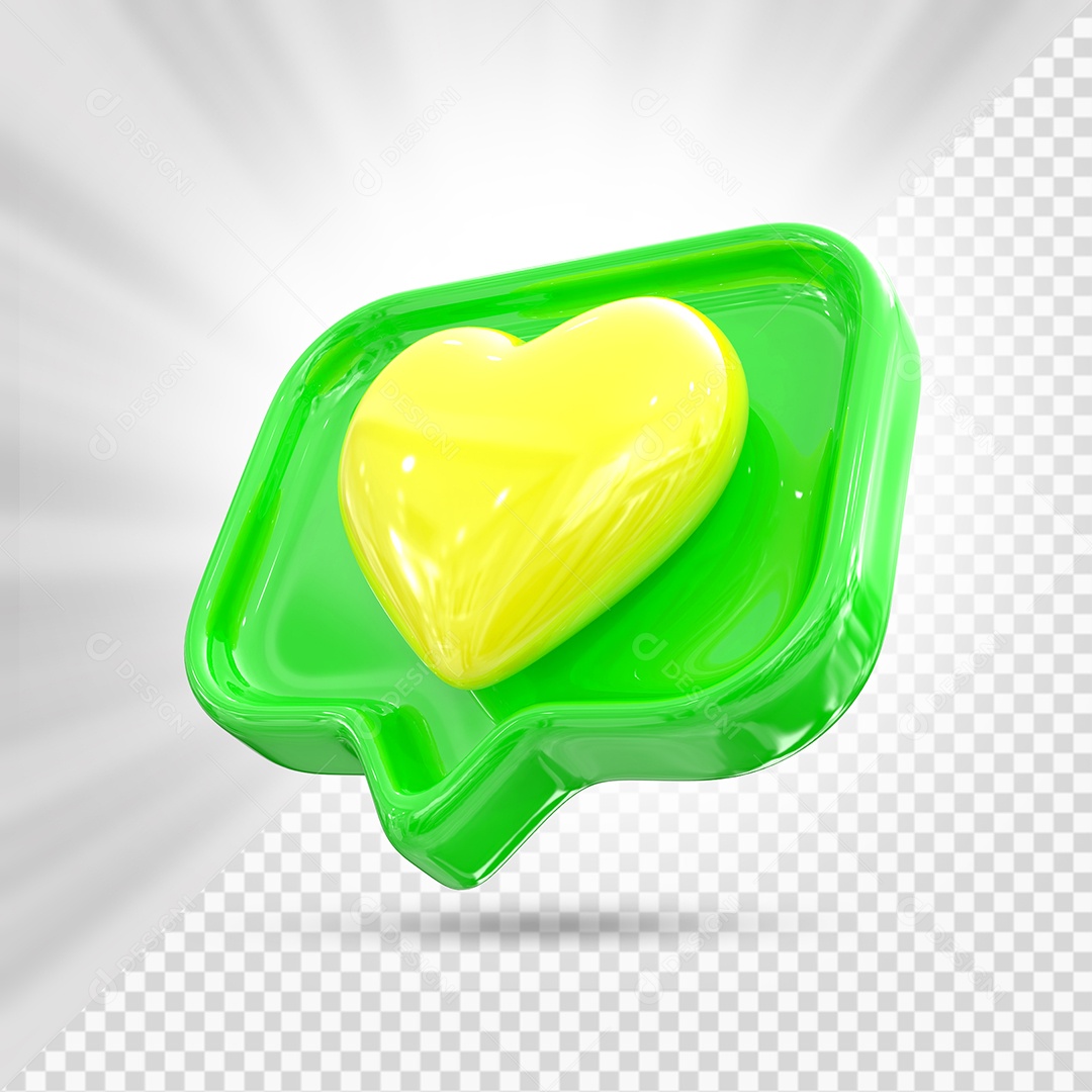 Emoji de Coração Amarelo e Verde Elemento 3D para Composição PSD
