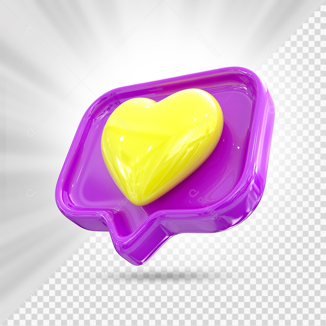 Emoji de Coração Amarelo e Roxo Elemento 3D para Composição PSD