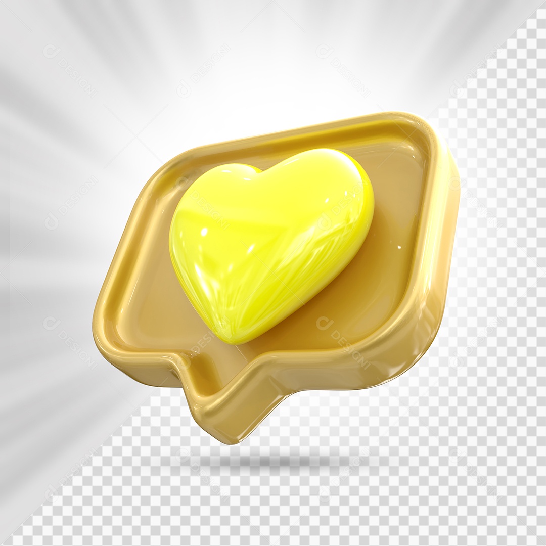 Emoji de Coração Amarelo e Dourado Elemento 3D para Composição PSD