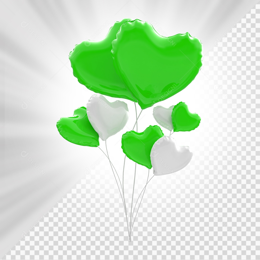 Corações Branco e Verde Elemento 3D para Composição PSD