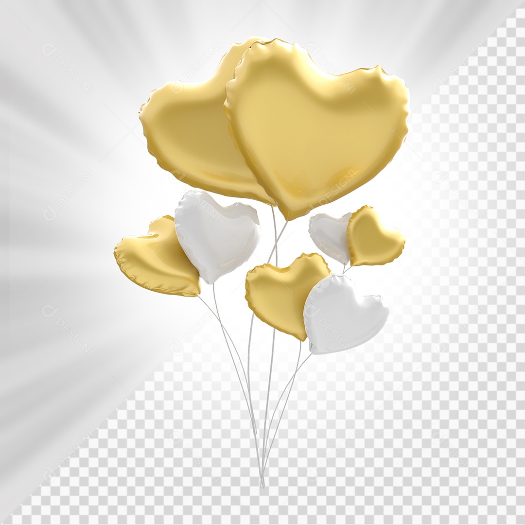 Corações Dourado e Branco Elemento 3D para Composição PSD