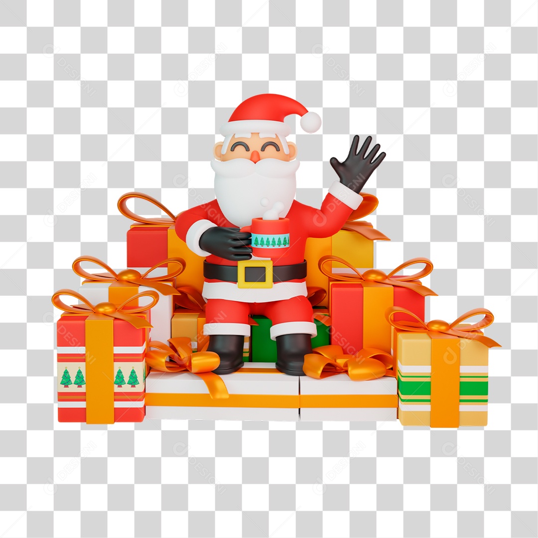 Papai Noel Sentado Encima de Várias Caixas de Presente Elemento 3D PNG Transparente