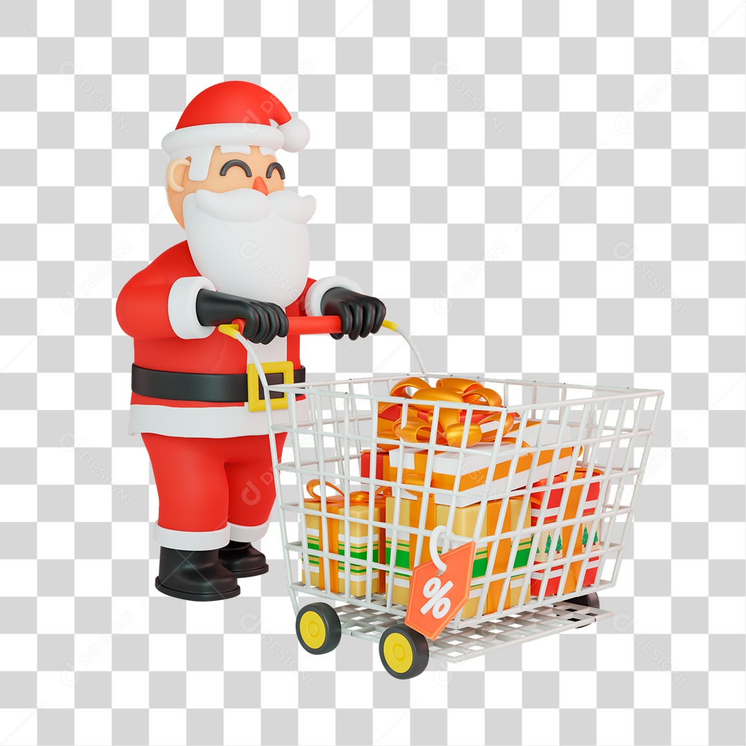 Papai Noel com Carrinho de Compras Cheio de Presentes Elemento 3D PNG Transparente