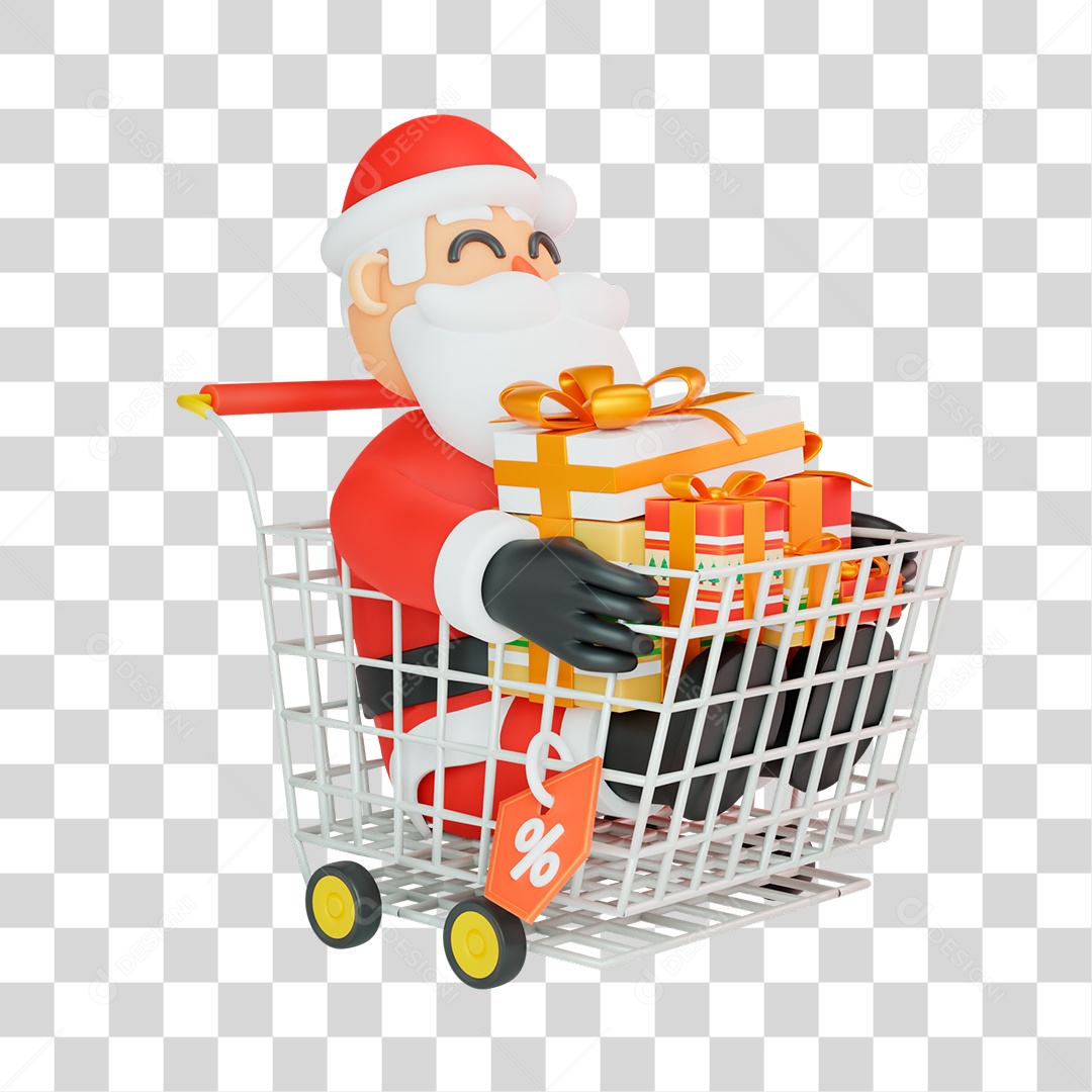 Papai Noel Dentro de Carrinho de Compras com Presentes Elemento 3D PNG Transparente