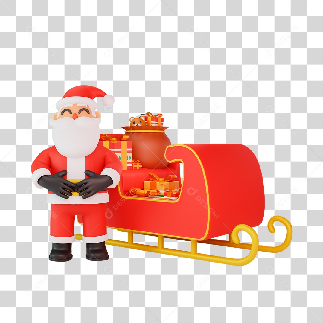 Papai Noel e Seu Trenó Cheio de Presente Elemento 3D PNG Transparente
