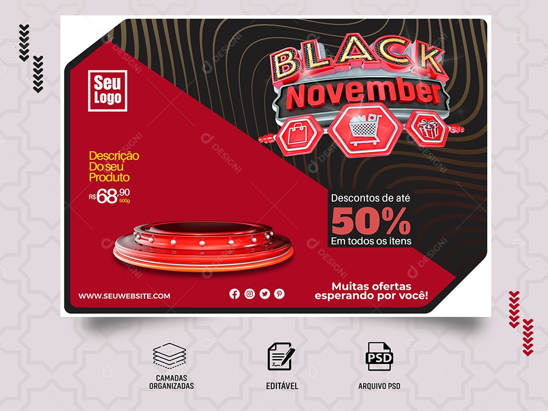 Black November Desconto de Até 50% em Todos os Itens Social Media PSD Editável