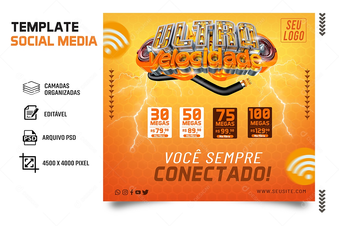 Provedor de Internet Ultra Velocidade Você Sempre Conectado Social Media PSD Editável