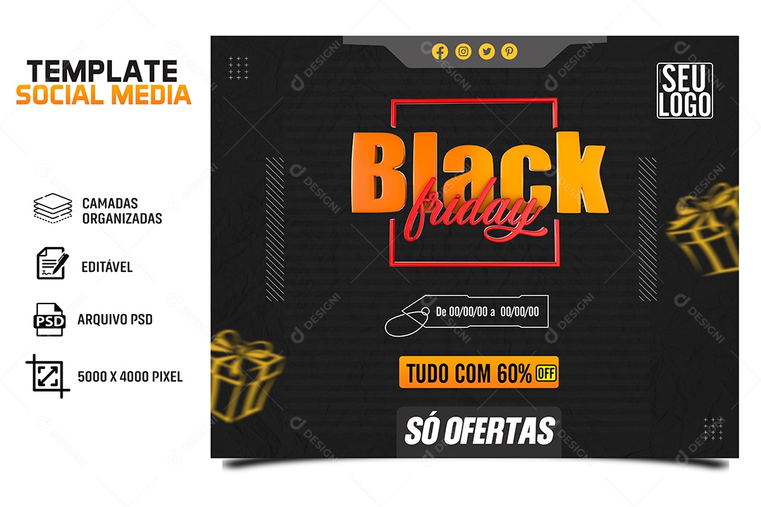 Black Friday Tudo Com 60% Off Social Media PSD Editável