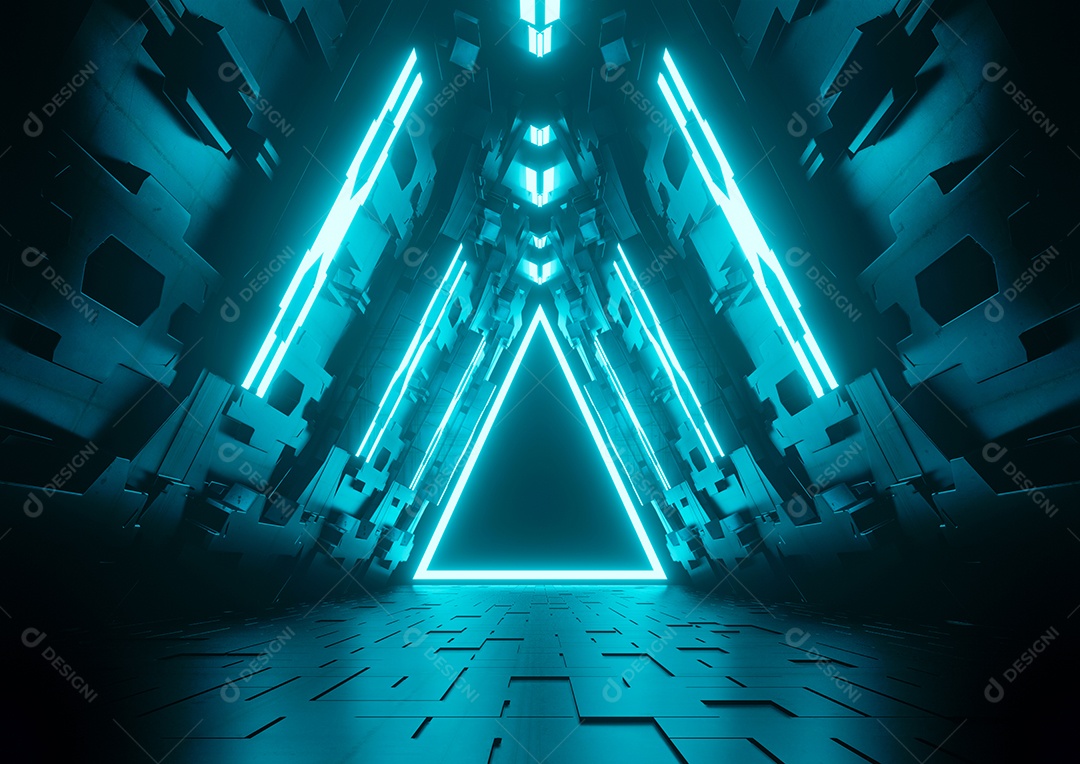 Grande corredor em forma de triângulo escuro e vazio, iluminado com luzes de néon azuis futuristas da nave espacial.