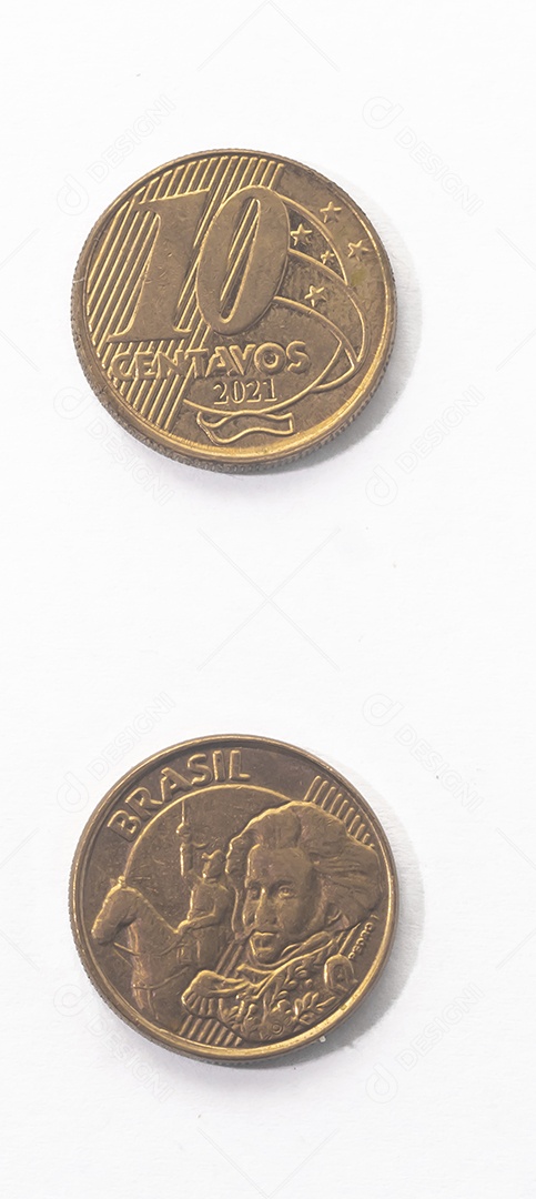 Moedas brasileiras, frente e verso com fundo branco