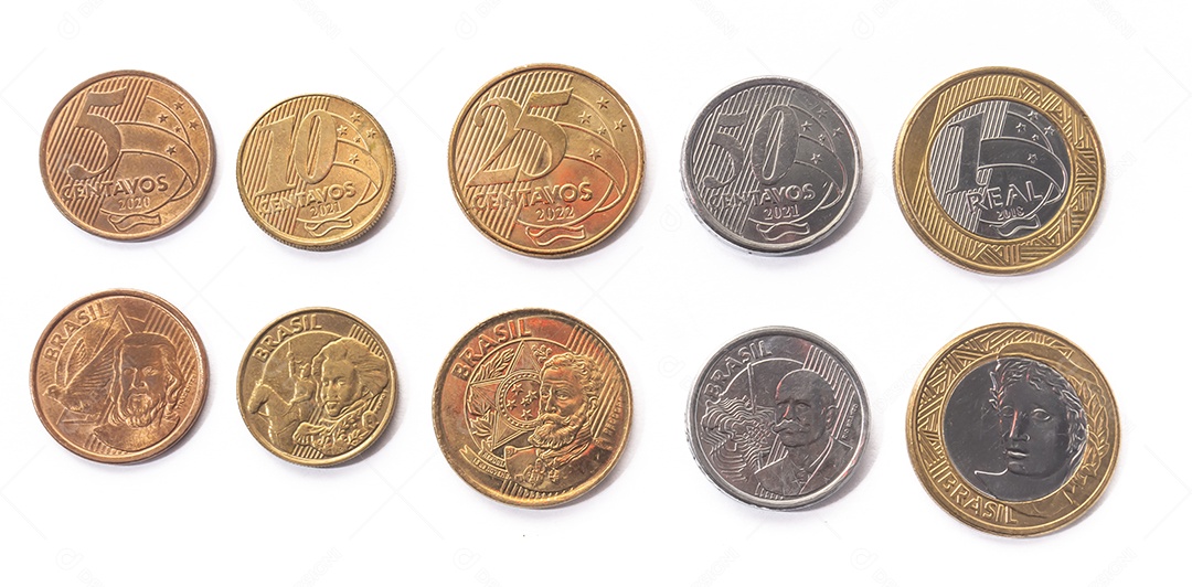 Moedas brasileiras, frente e verso com fundo branco